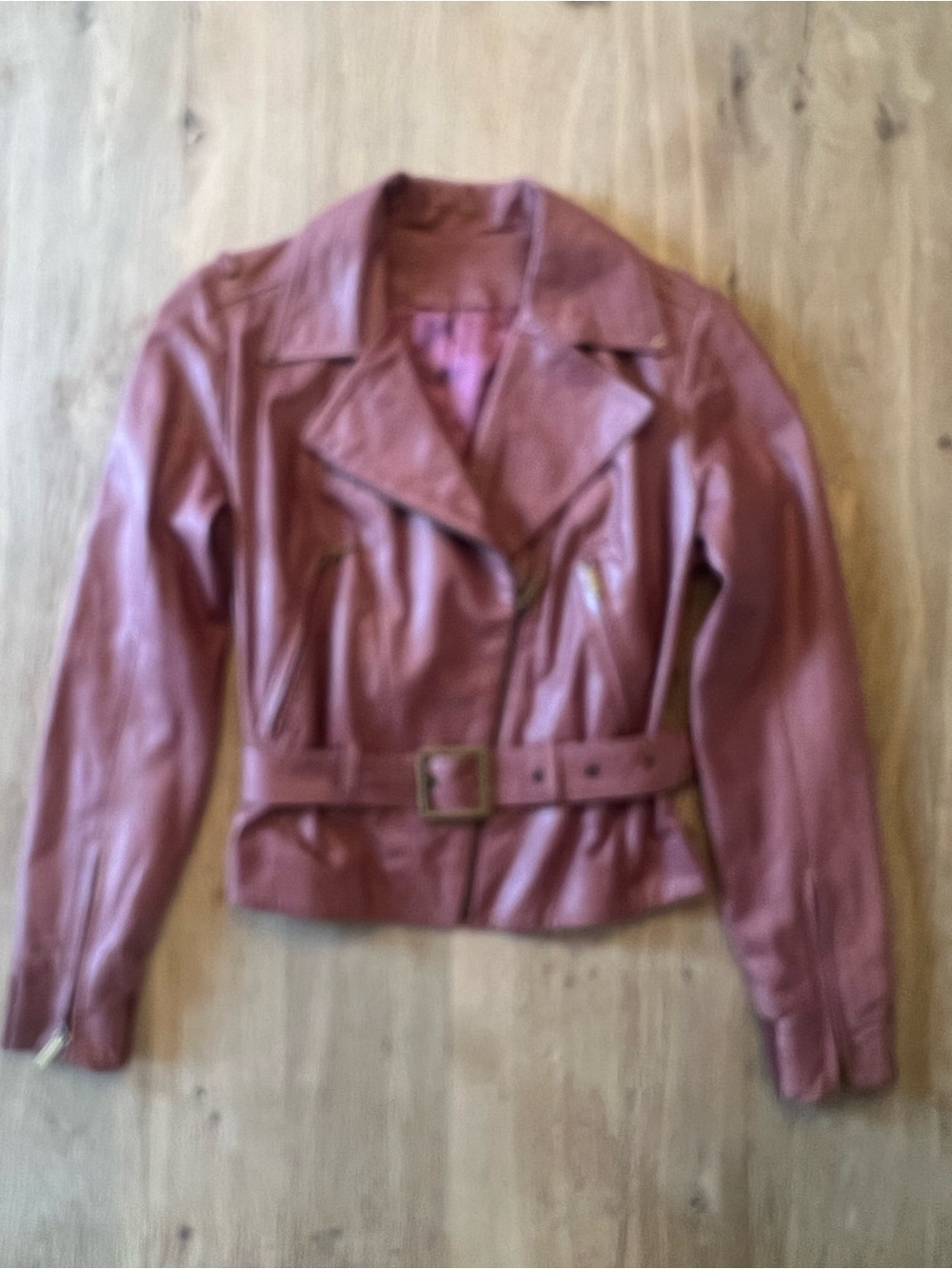 Vintage French Designer Dark Dusty Rose Leather Moto Jacket Size 2